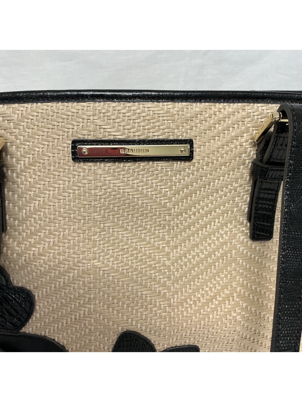 Brahmin woven straw and black leather floral tote - Picture 2 of 8